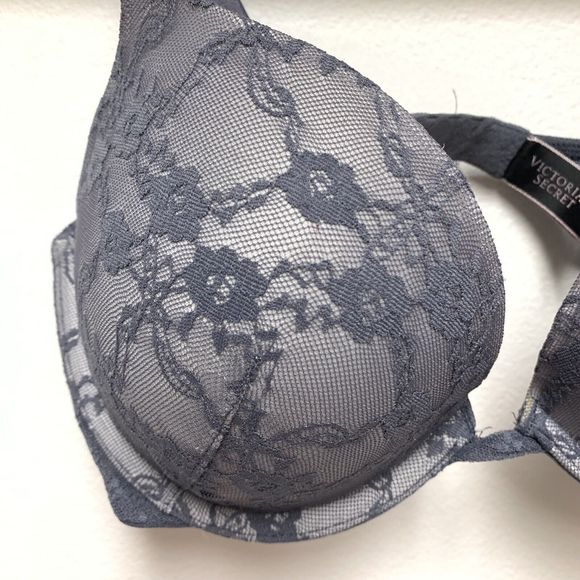 Victorias Secret Push Up Bra Size 32D Grey Lace Convertible Straps Padded - Picture 3 of 10